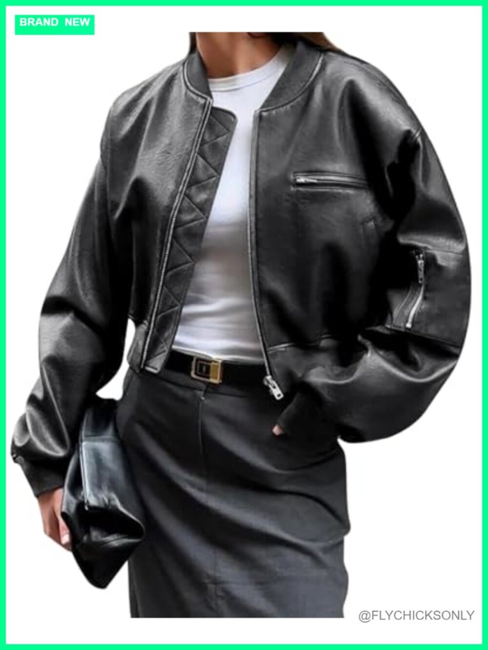 Women's Faux Leather Cropped Bomber Jacket with Pockets